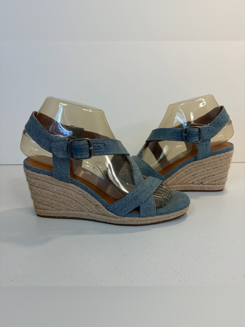 Lucky Brand Denim Espadrille Wedge Sandals Size 6 Blue Open Toe Shoes Boho Heels